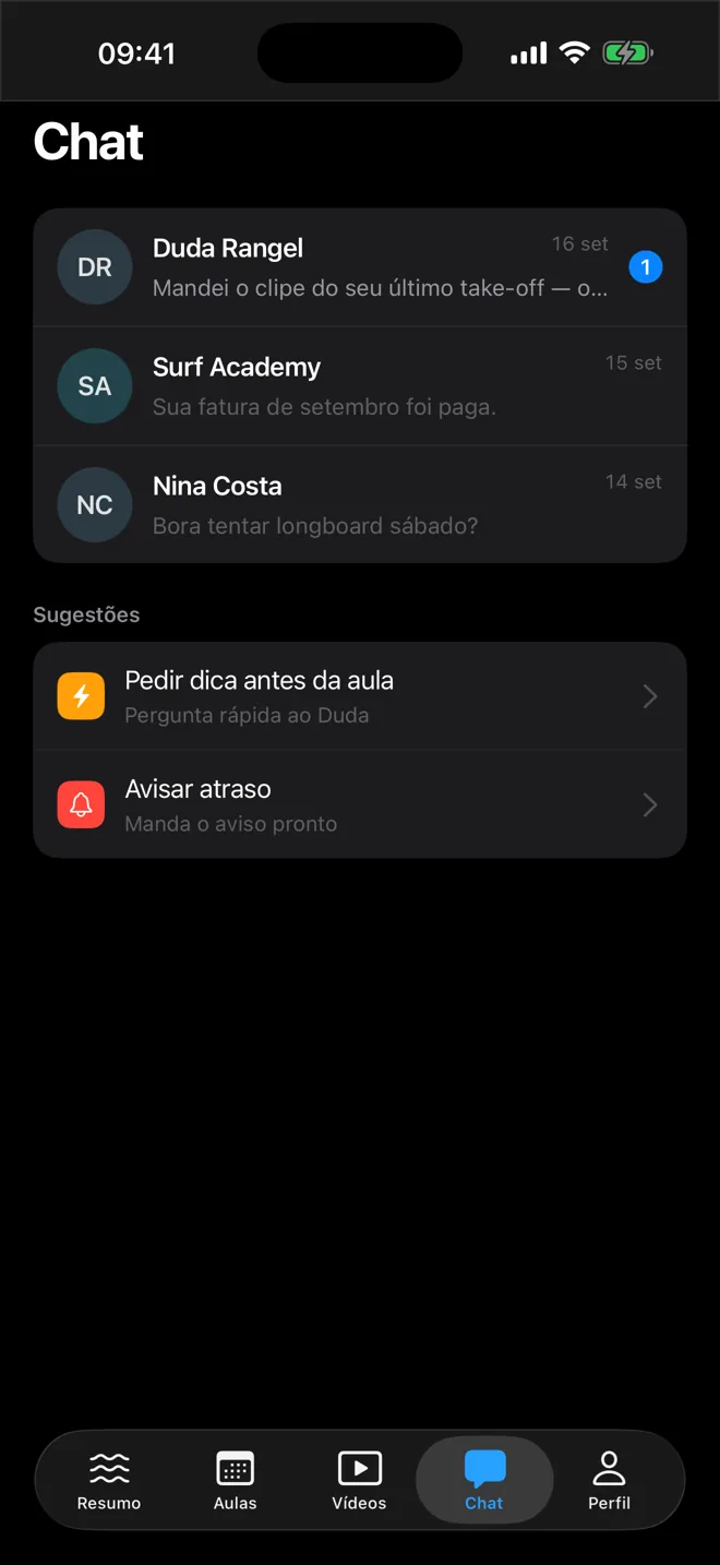 Tela de conversa entre aluno e professor.
