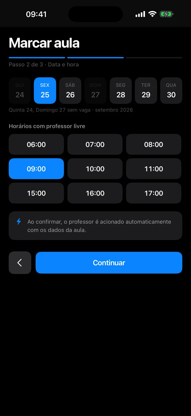 Tela de escolha de horário para reservar uma aula.