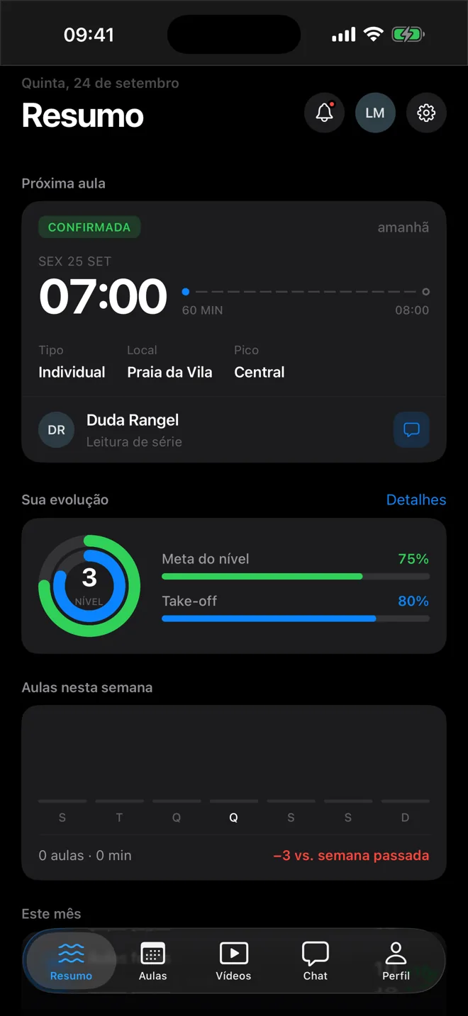 Tela de resumo do app Surf Academy com a próxima aula.