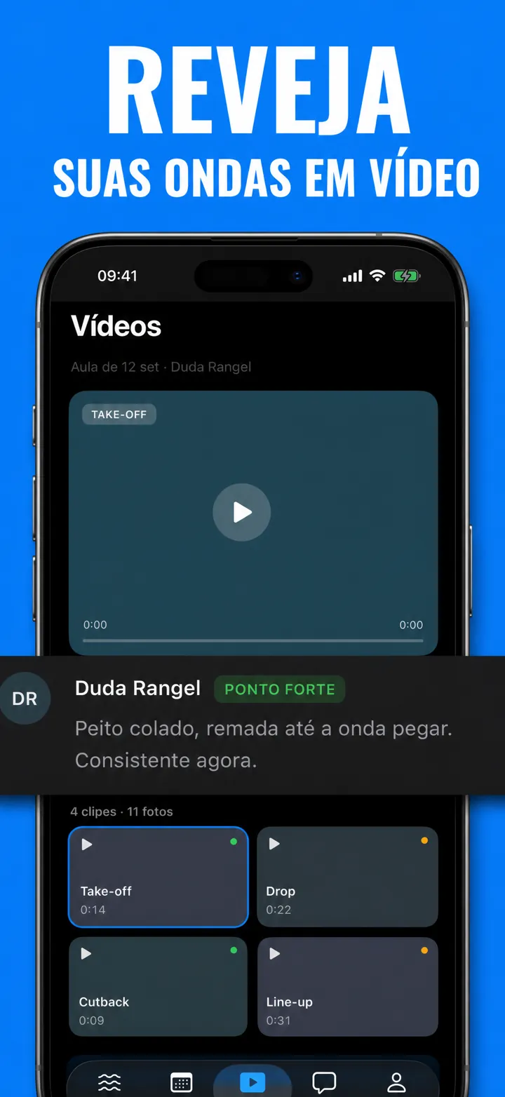 App Surf Academy mostrando os vídeos das ondas.