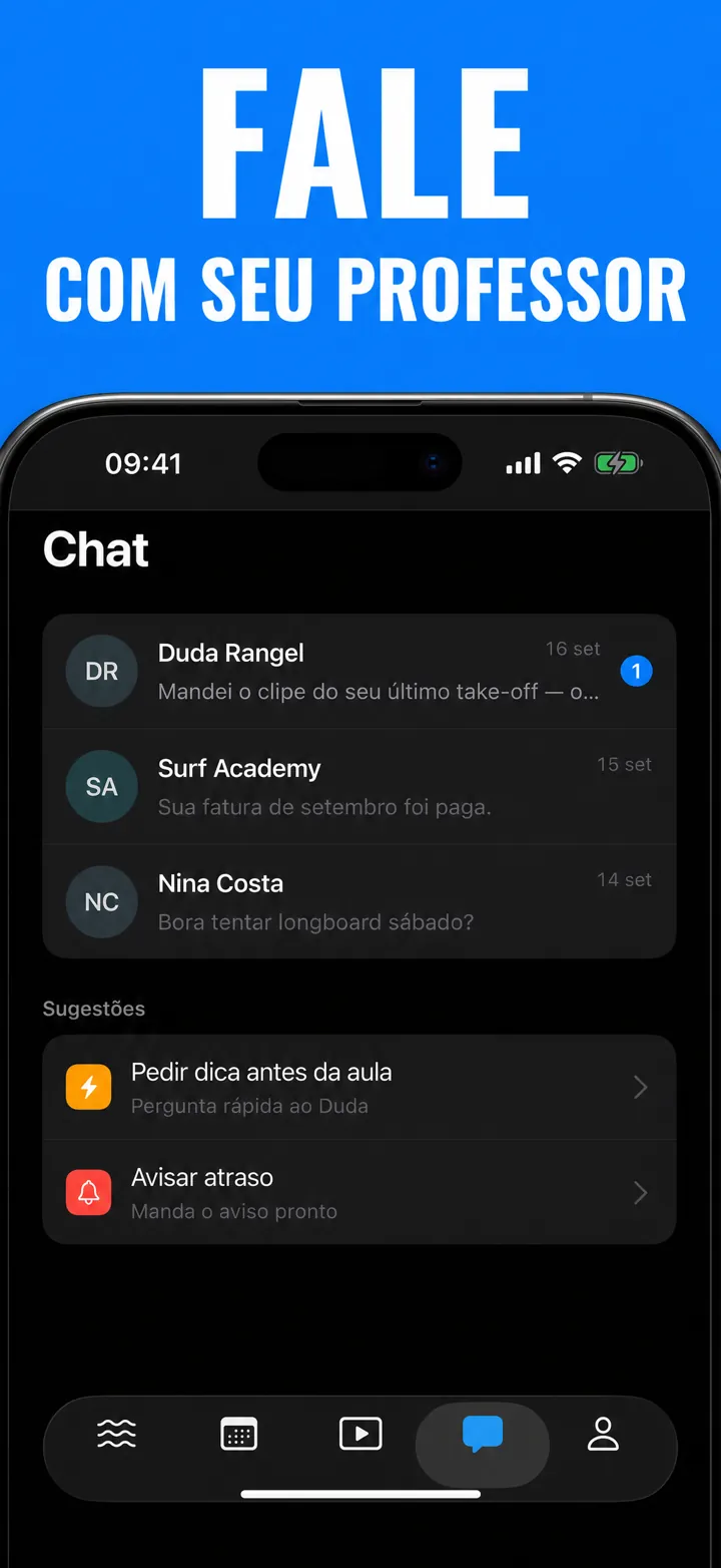 App Surf Academy mostrando a conversa com o professor.