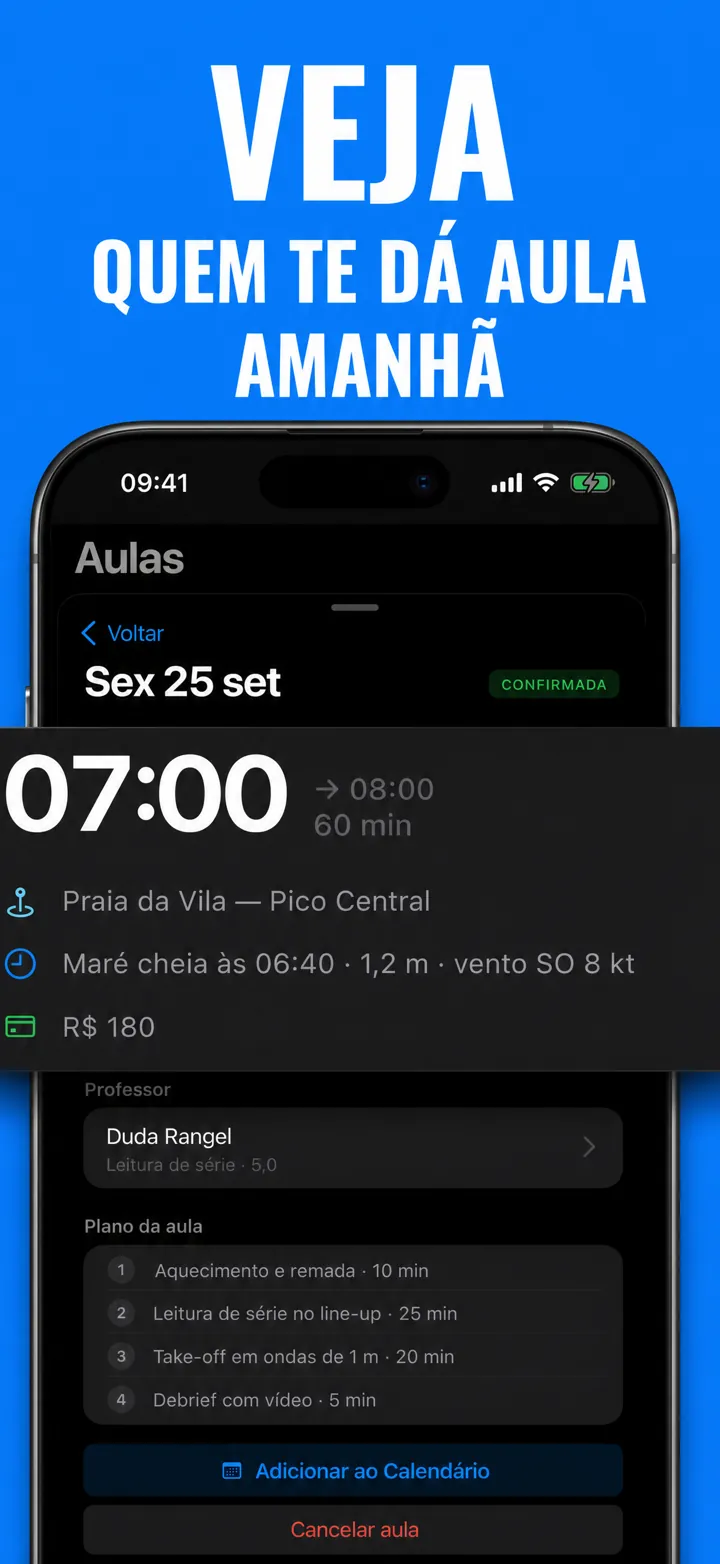 App Surf Academy mostrando os detalhes de uma aula.
