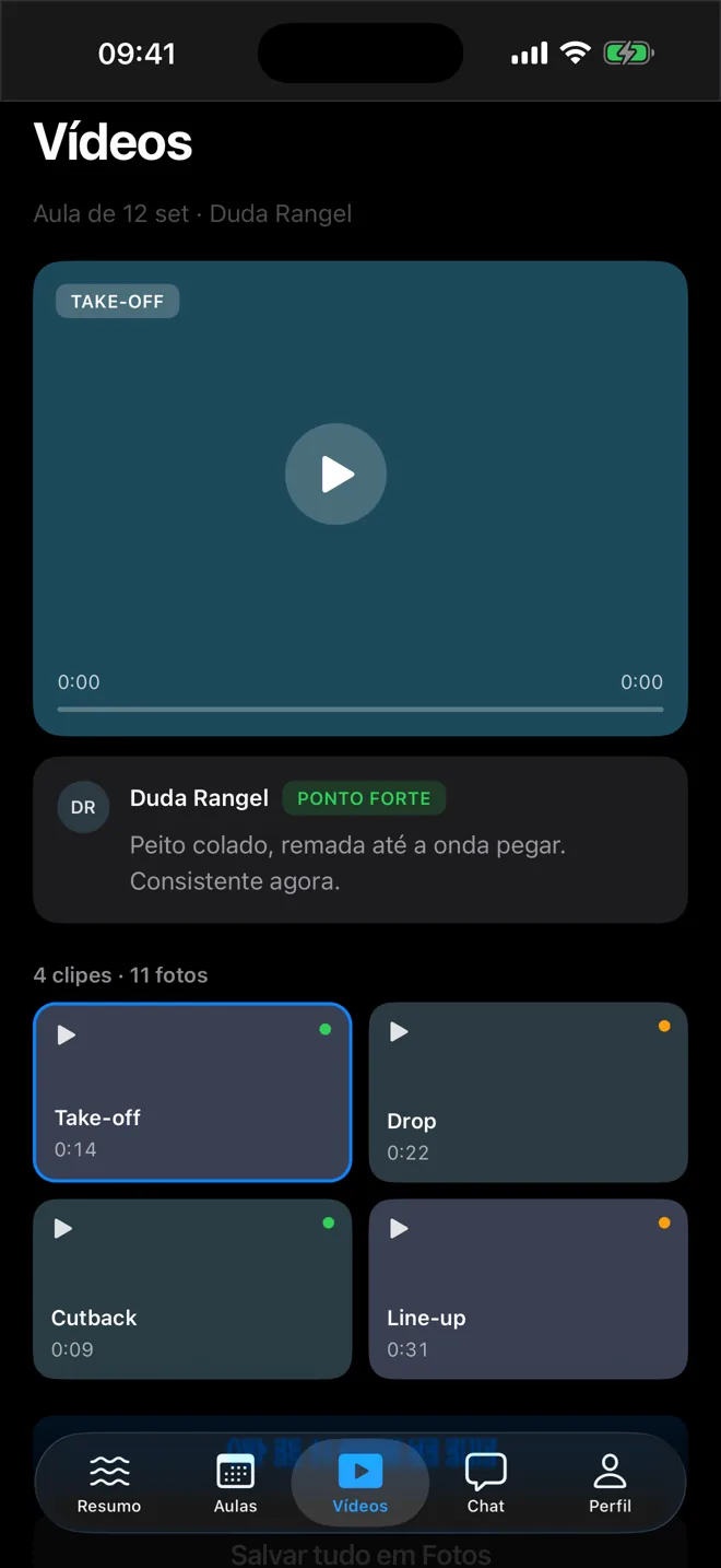 Tela com os vídeos publicados das aulas.