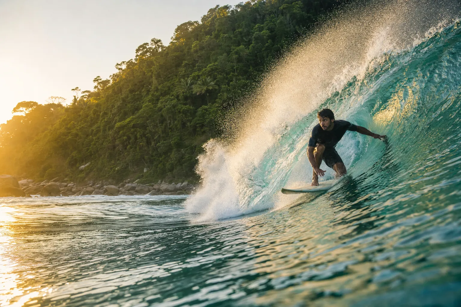 Surfista descendo uma onda azul em uma manhã de sol.