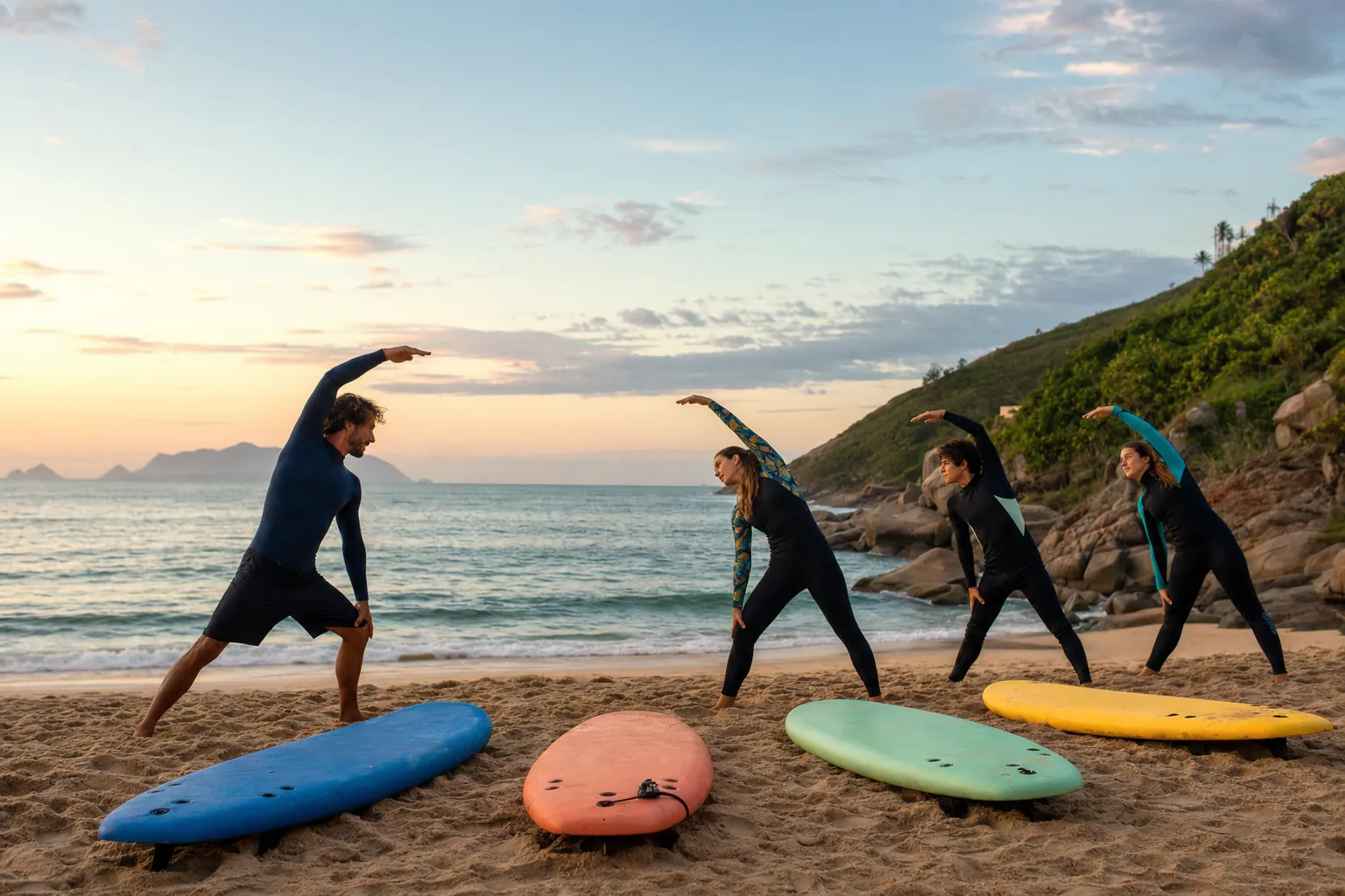 Pranchas de uma escola de surf organizadas na areia.
