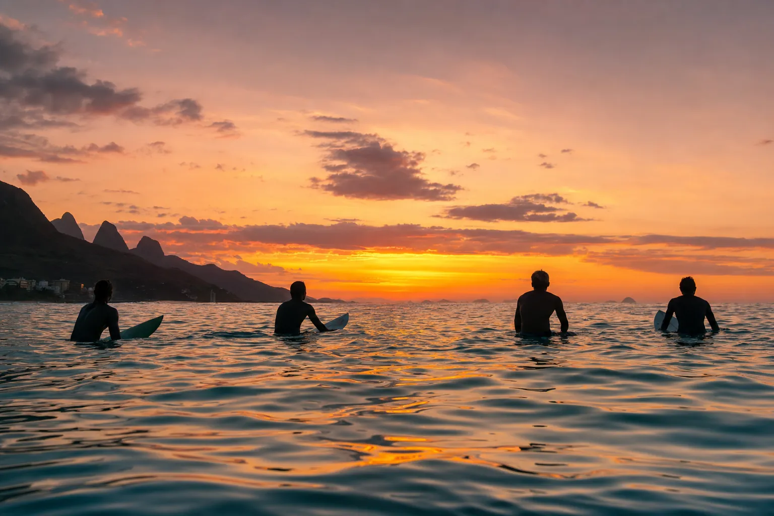 Surfistas no line-up enquanto o sol baixa no horizonte.